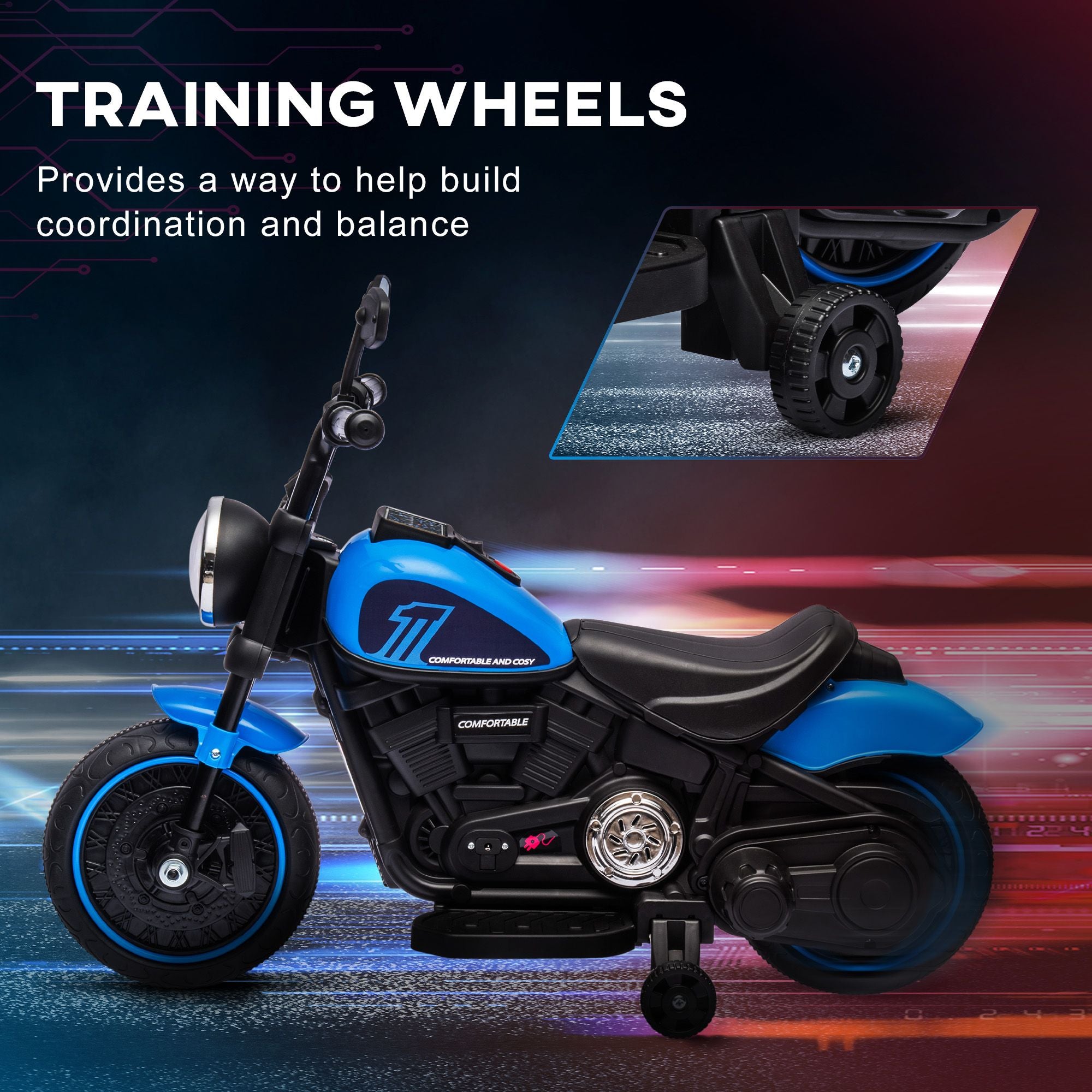 6V Kids Motorcycle Ride-on with Training Wheels Single-Button Start Blue Battery-Operated Vehicle