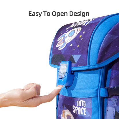 Children's backpack with space-themed design and easy-to-open mechanism.