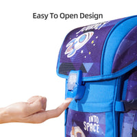 Children's backpack with space-themed design and easy-to-open mechanism.
