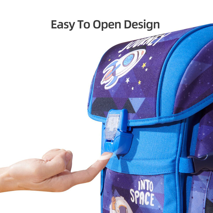 Children's backpack with space-themed design and easy-to-open mechanism.