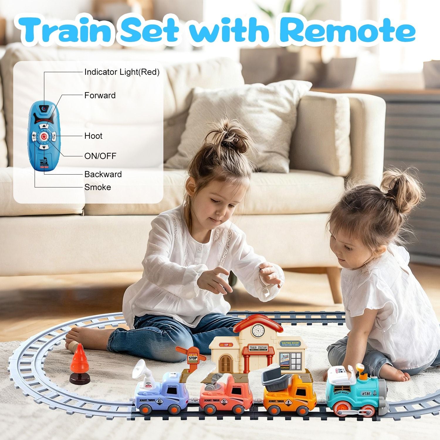 Electric Train Set Toy with Remote, Smoke, Lights & Tracks for Kids
