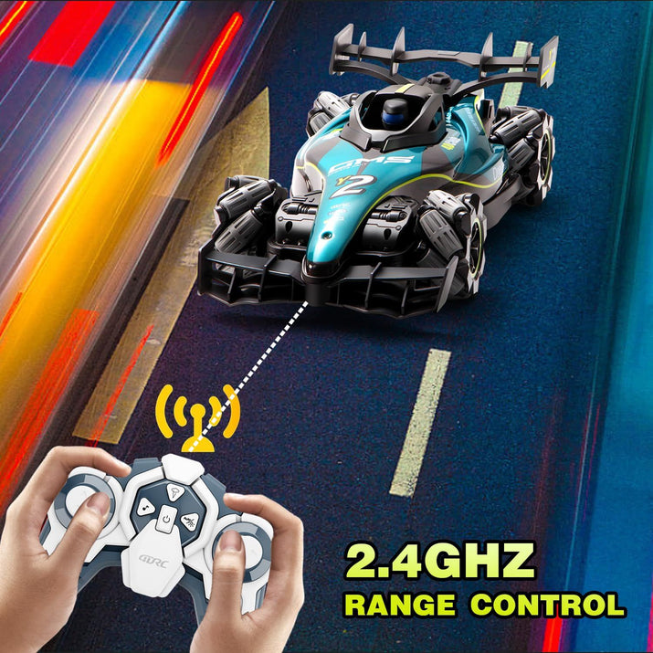 Toy car with remote control on a racing track, highlighting 2.4GHz range control.