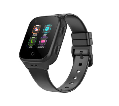 Black smartwatch with a colorful display on a white background