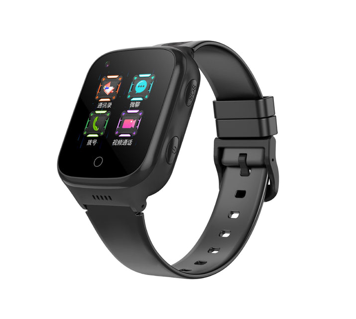 Black smartwatch with a colorful display on a white background