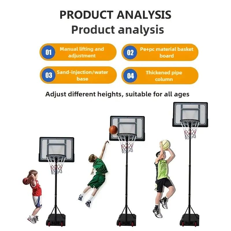 Basketball hoops with adjustable height for different ages, featuring children playing.