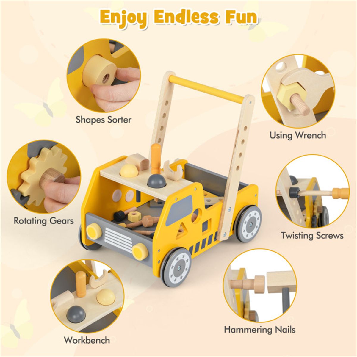BuildNGo™ 2-in-1 Wooden Push Walker & Tool Bench – Shape Sorter, Rotating Gears & Storage for Kids 3+