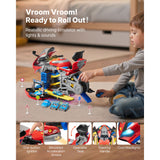 Child using motorcycle playset with ignition, light and mist feature details