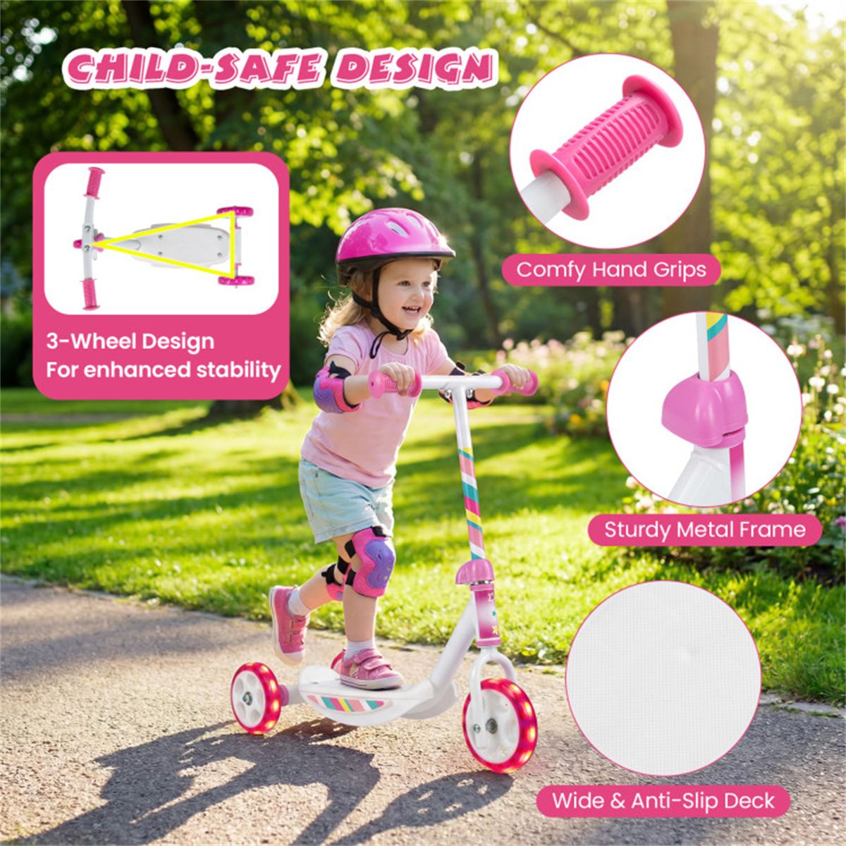 3-Wheel Kids Scooter with LED Light-Up Wheels for Toddlers Ages 2+