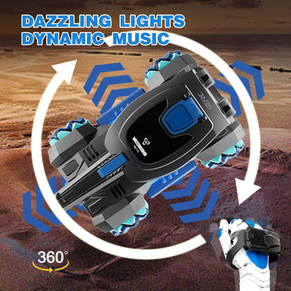 Toy blaster with dynamic music and dazzling lights on a wooden background