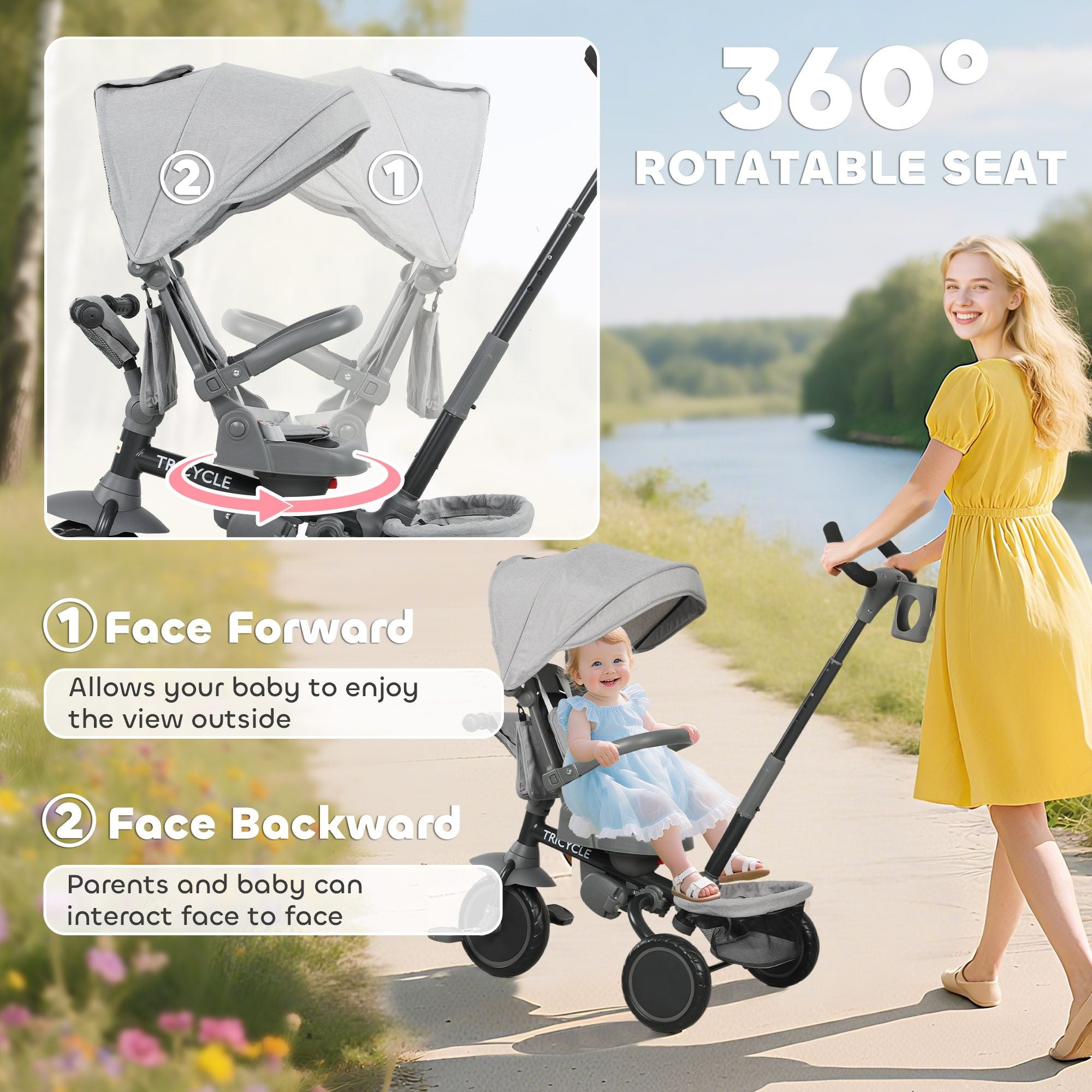 Versatile Kids Tricycle - 6 in 1 with Adjustable Handle & Removable Canopy for 1-5 Year Olds, Gray