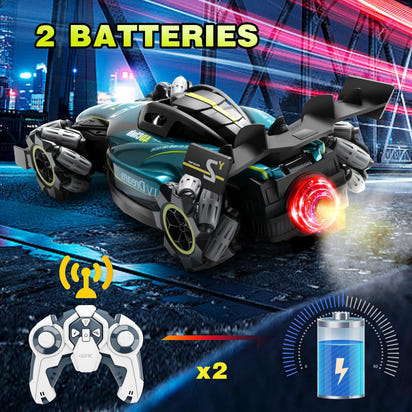 Toy car with remote control and batteries on a futuristic city background