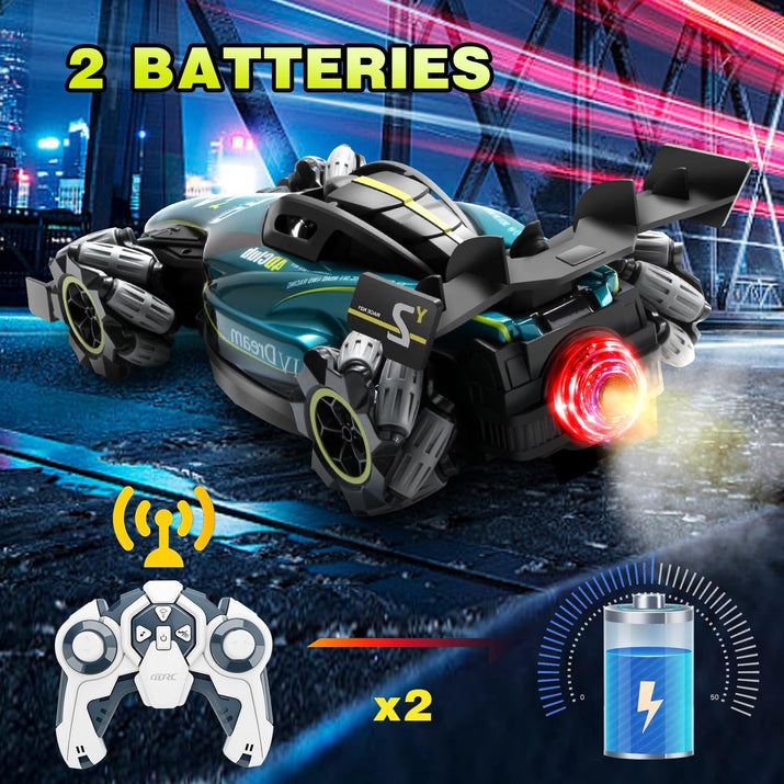 Toy car with remote control and batteries on a futuristic city background