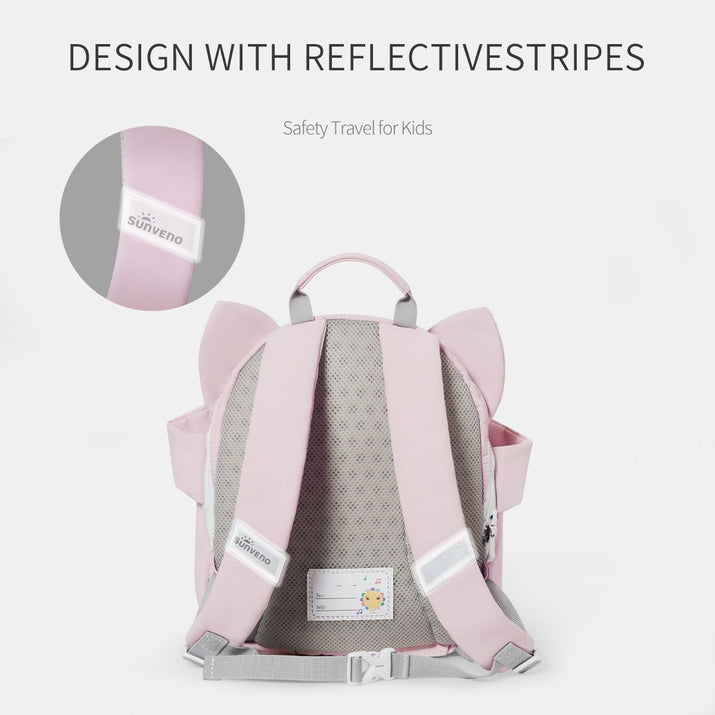 Pink backpack with reflective stripes and Sunveno branding on a white background