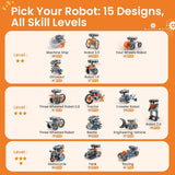 Guide showing 15 gray robot designs grouped into three build difficulty levels