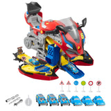 Opened red motorcycle mechanic playset with six mini cars, signs and toy tools
