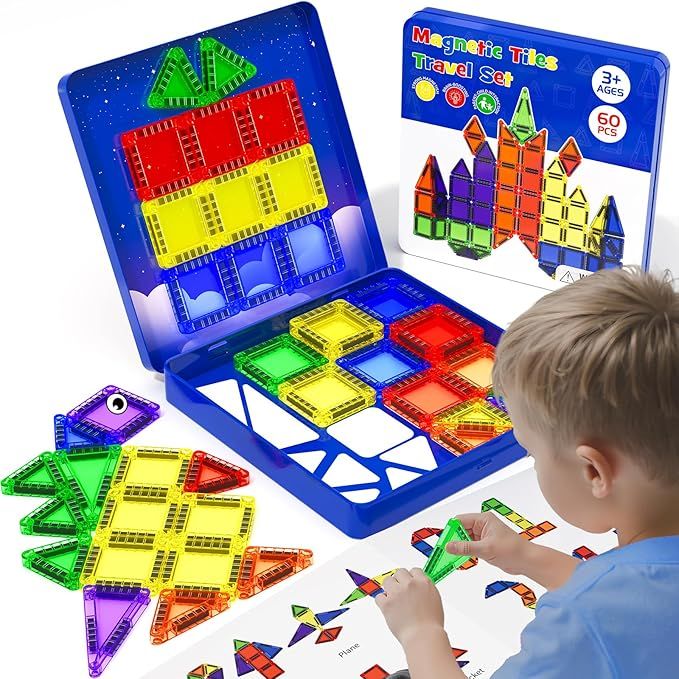 Travel Mini Magnetic Tiles Set – 60 PCS STEM Building Toy with Iron Storage Box