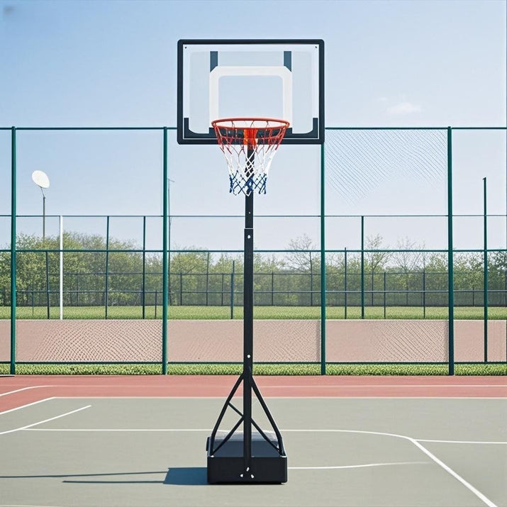 Basketball hoop on a court with a clear blue sky