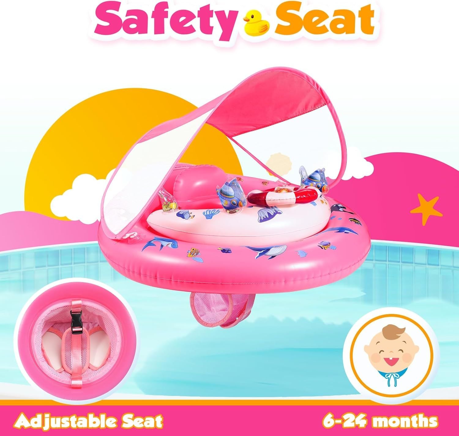 Baby Pool Float with Canopy UPF50+ Sun Protection, Inflatable Kids Pool Floats with Toy Play Console for Baby 6-36 Months, Infant Swimming Float with Adjustable Safety Seat for Boys Girls