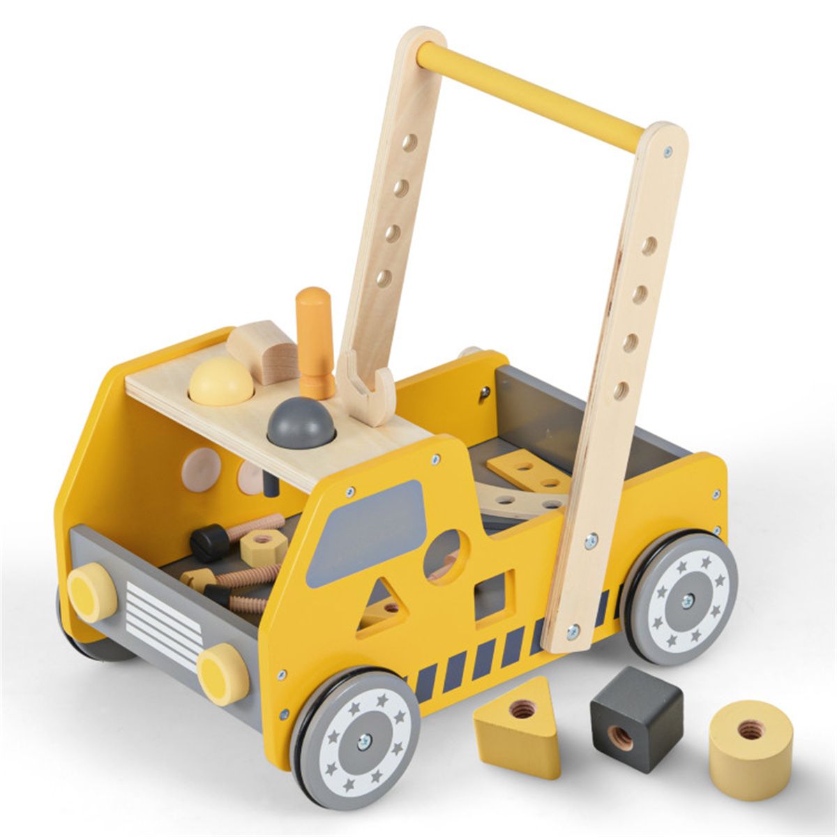 BuildNGo™ 2-in-1 Wooden Push Walker & Tool Bench – Shape Sorter, Rotating Gears & Storage for Kids 3+