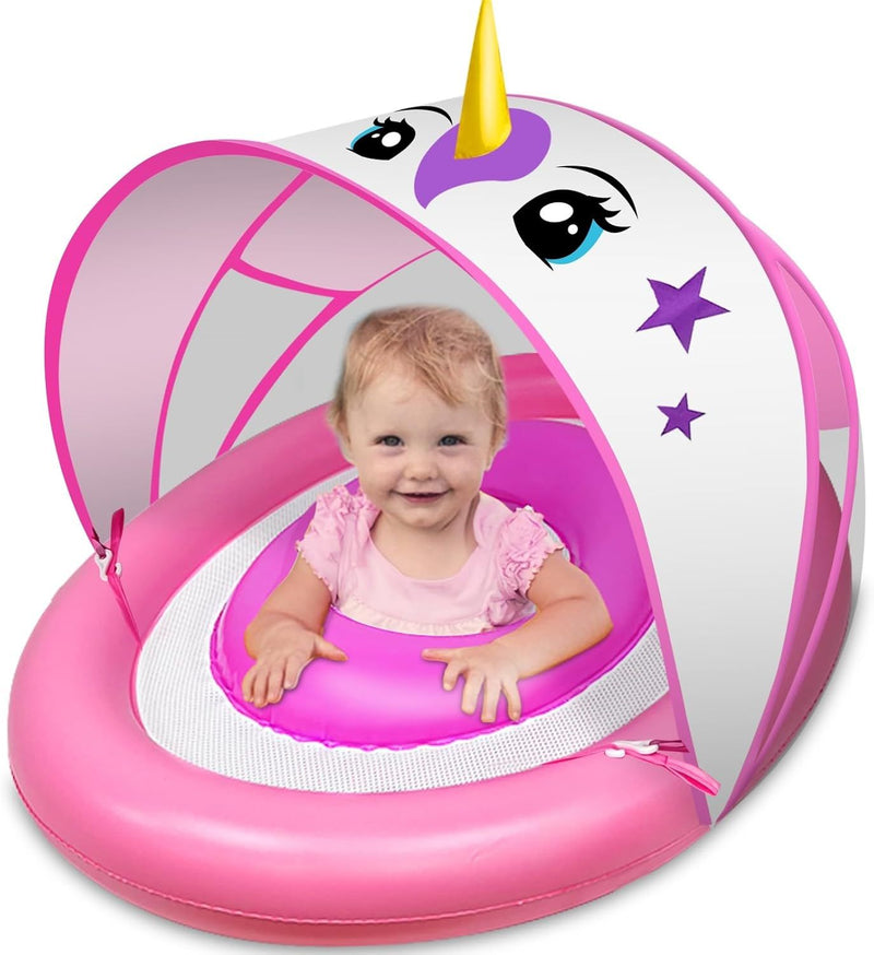 Unicorn Inflatable Baby Pool Float for Toddlers 6-36 Months with UPF50+ 4 Stage Adjustable Sun Canopy, Non-Flip Safety Seat, Dual Air Chambers, Infant Swim Training Float for Pool