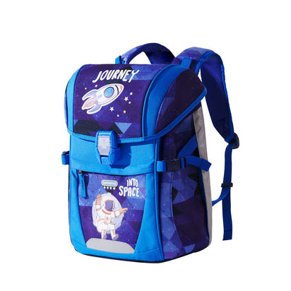Blue and purple backpack with space-themed design on a white background