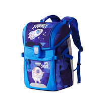 Blue and purple backpack with space-themed design on a white background