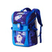 Blue and purple backpack with space-themed design on a white background