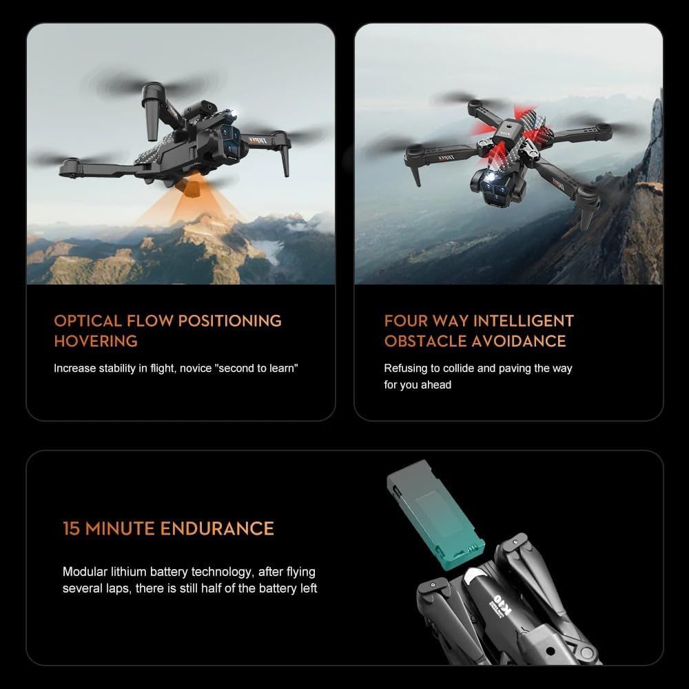 Max Drone 4K High-Definition Three Camera Optical Flow Positioning Professional Aerial Photography Foldable Quadcopter (Black)
