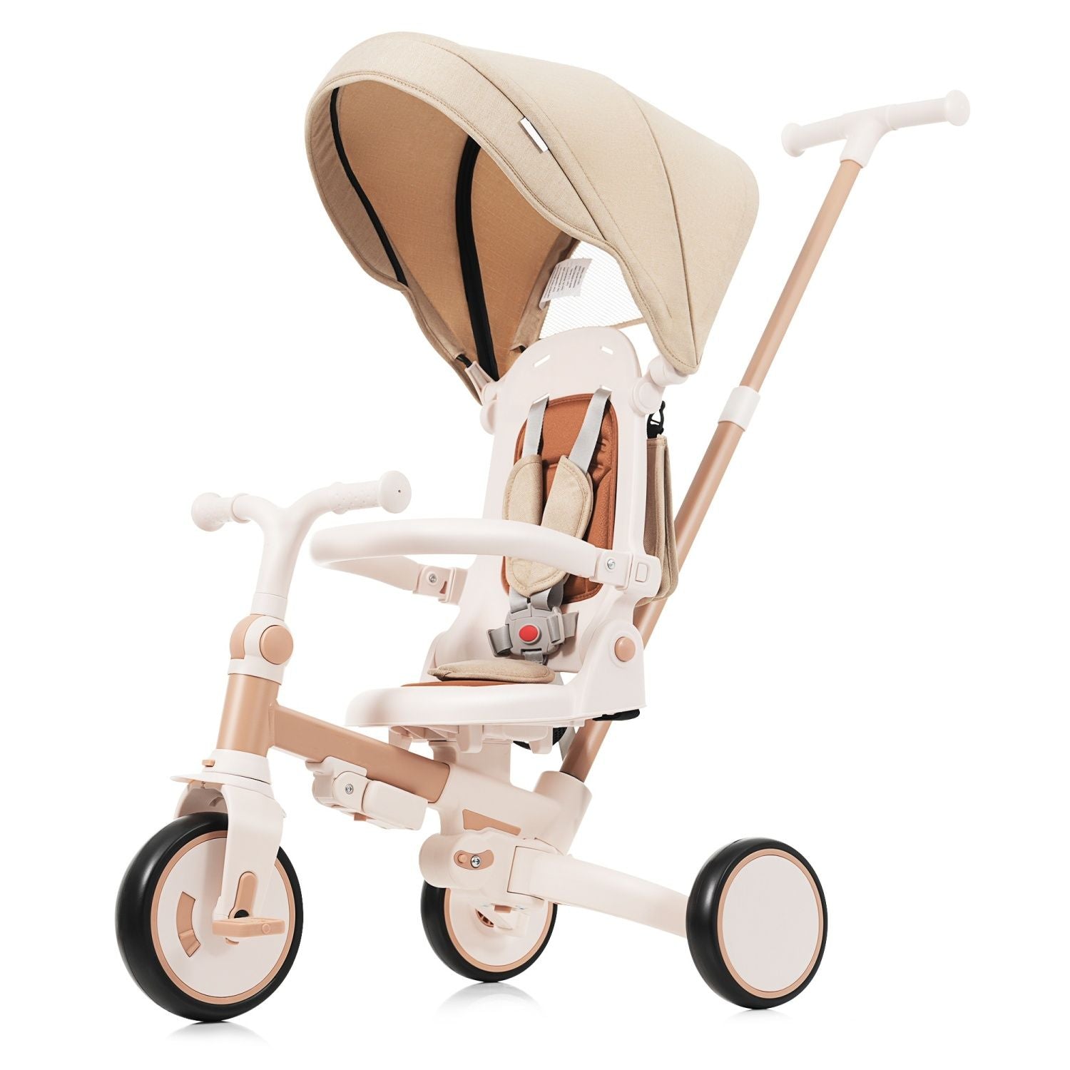 7-in-1 Premium Baby Tricycle - Ultimate Toddler Ride-On with Parent Handle, Adjustable Canopy & Safety Features, Perfect for Kids Aged 12-72 Months in Light Brown