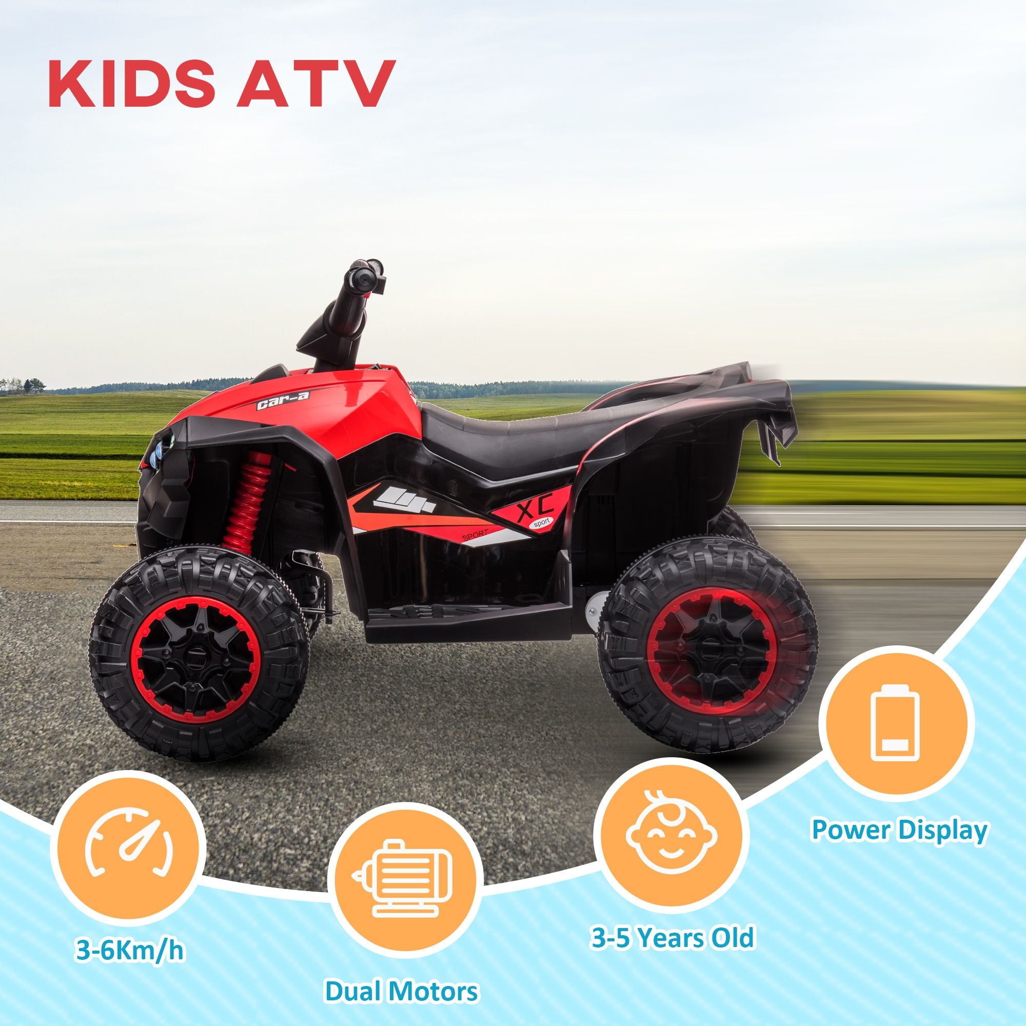 12V Kids Ride-On Quad Car 4-Wheelers with LED Headlights, Music, Dual Motor Electric ATV, for 3+ Years Old, Red