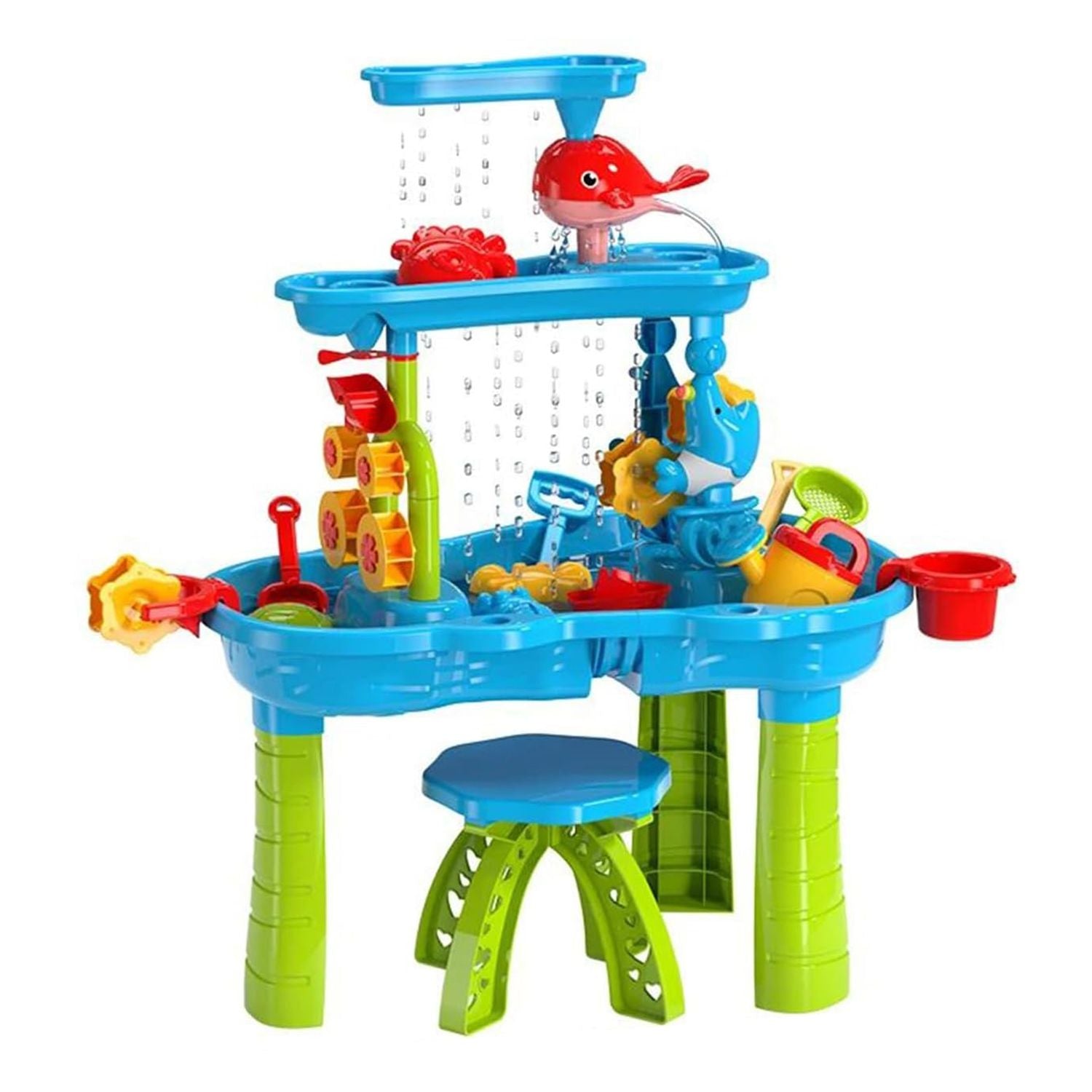 3-Tier Kids Sand & Water Activity Table with Rain Shower, Chair & Accessories