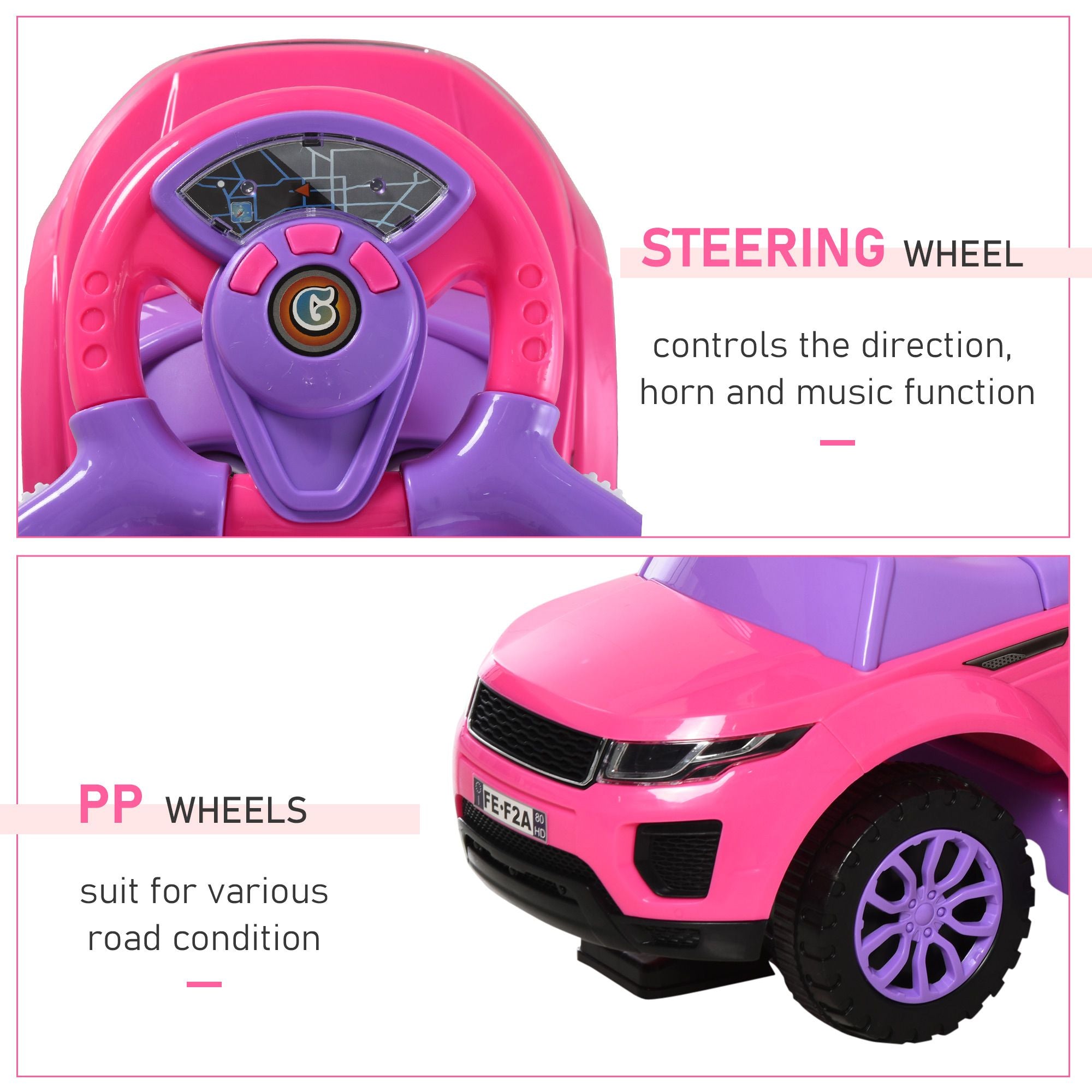 3 in 1 Toddler Ride-On Car, Push Car, Sliding Walking Toy, Horn, Music, Light, Pink, 1-3 Years Old