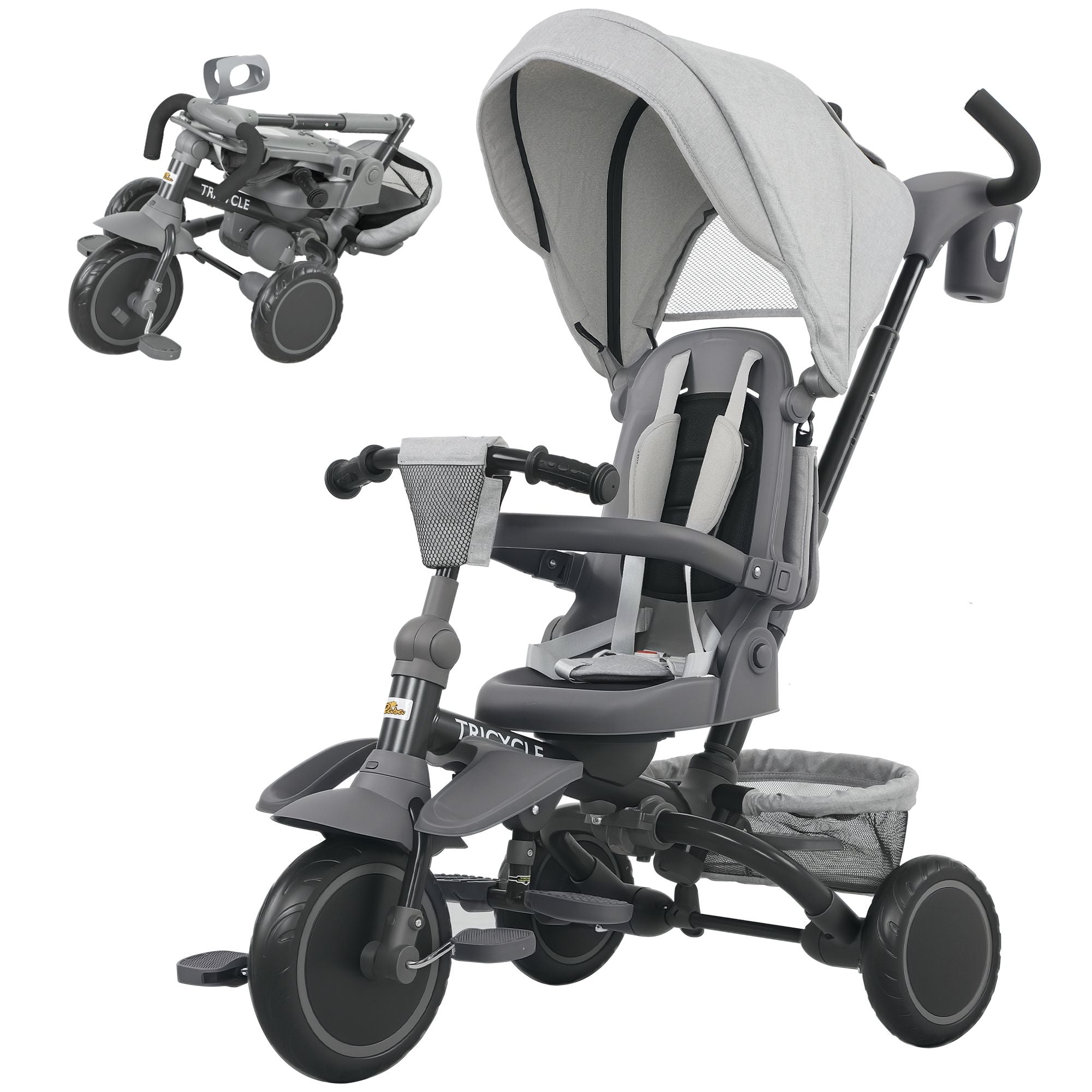 Versatile Kids Tricycle - 6 in 1 with Adjustable Handle & Removable Canopy for 1-5 Year Olds, Gray