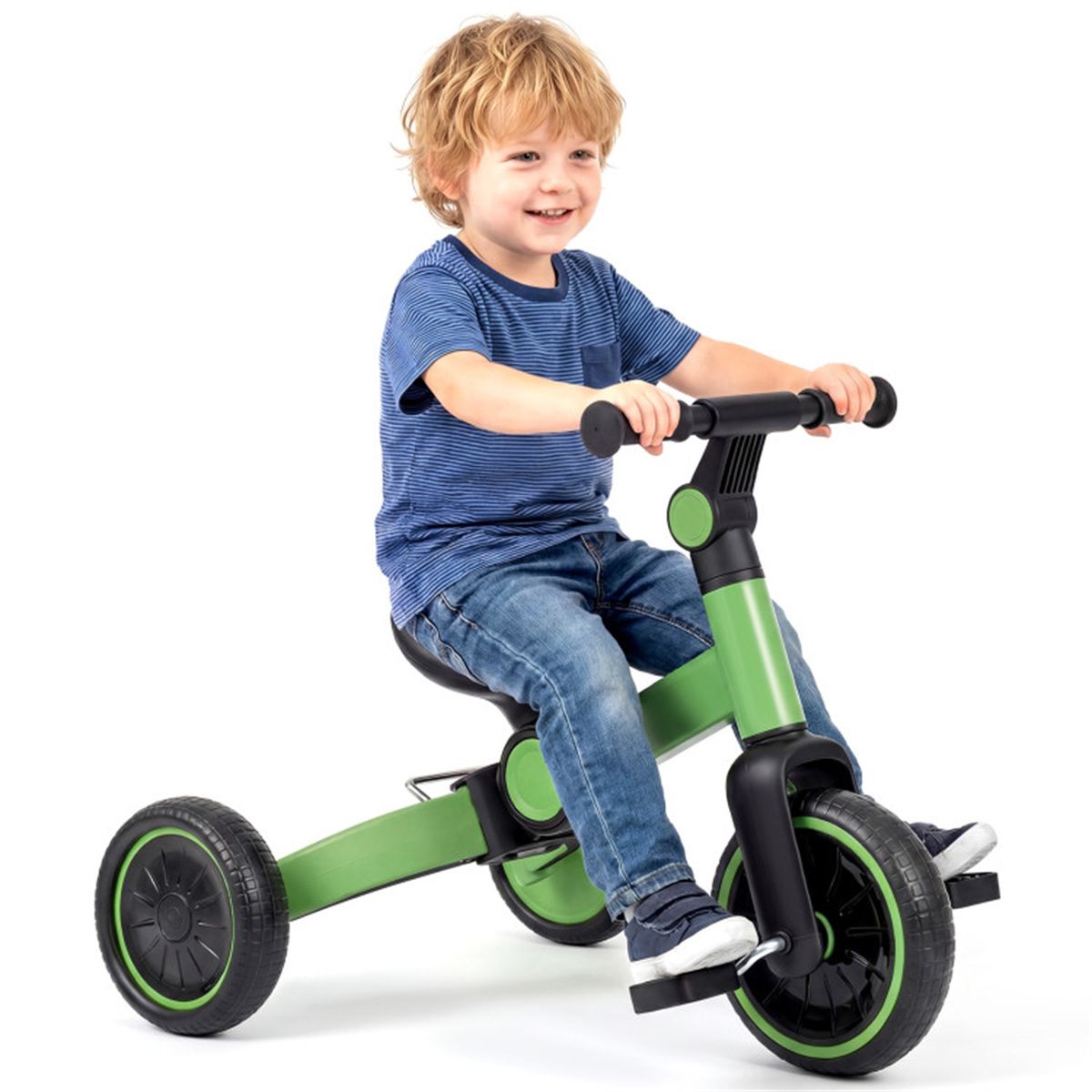 5-In-1 Foldable Toddler Tricycle, Adjustable Handlebar & Ergonomic Seat with Removable Pedals - Green