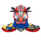 Front view of motorcycle playset unfolded into racing layout