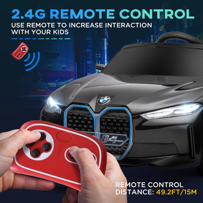 Black toy car with a remote control held by hands, set against a dark background with promotional text.