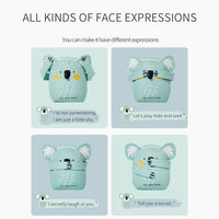 Set of four cute green koala-shaped air pod cases with different facial expressions and quotes.
