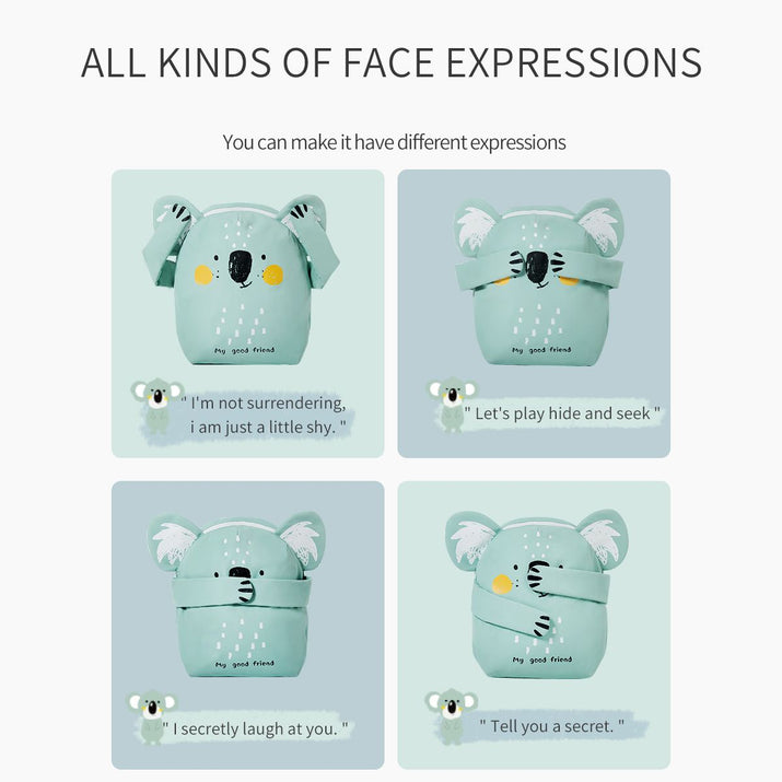 Set of four cute green koala-shaped air pod cases with different facial expressions and quotes.