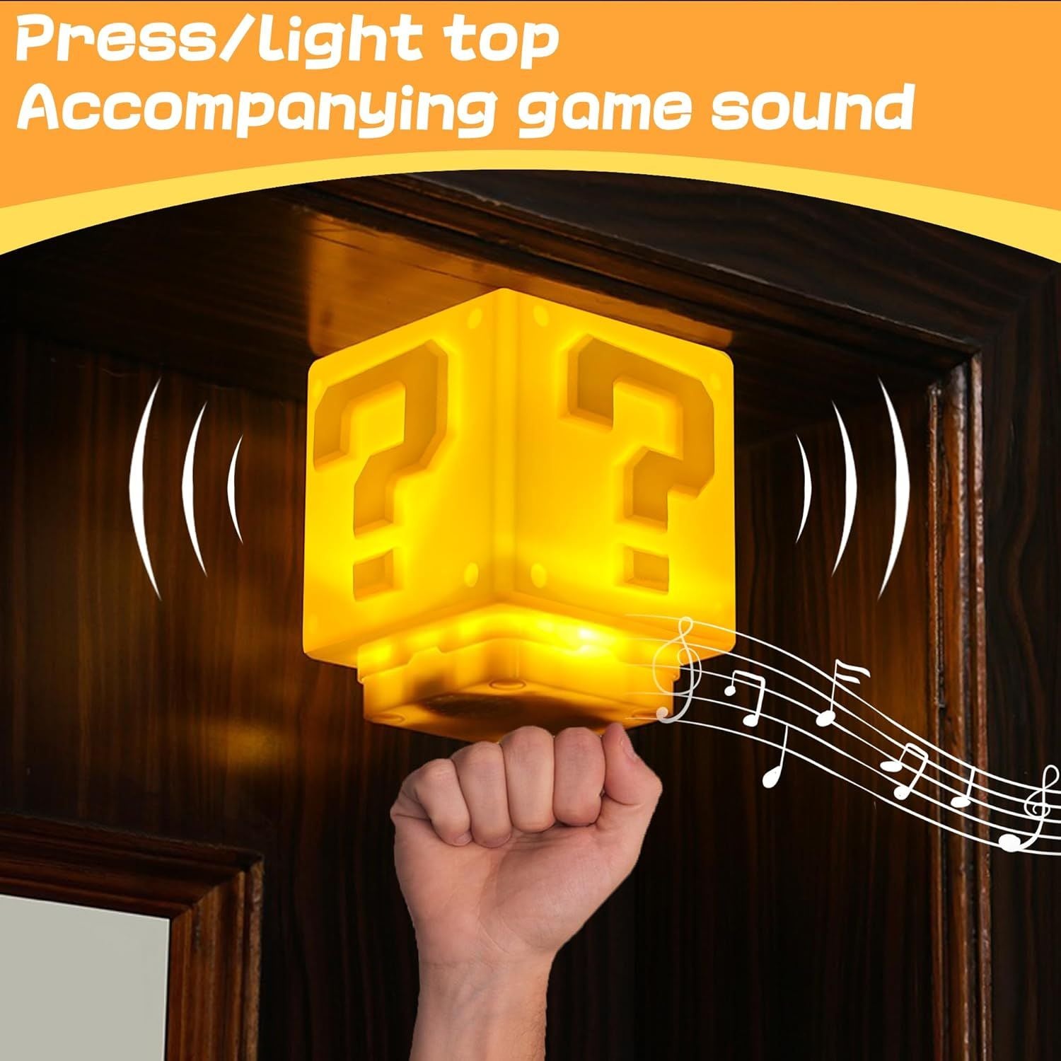 Yellow block with question marks, hand pressing it, and musical notes indicating sound.