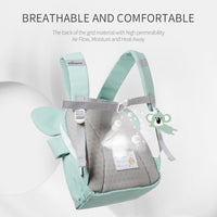 Light blue baby carrier with gray mesh back on a white background, featuring text about breathable and comfortable material.