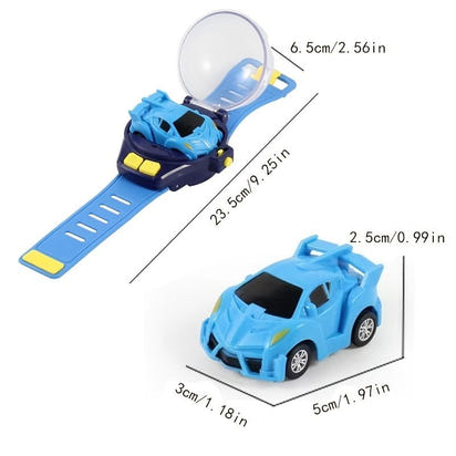 Toy watch with detachable car attachment and measurements on a white background