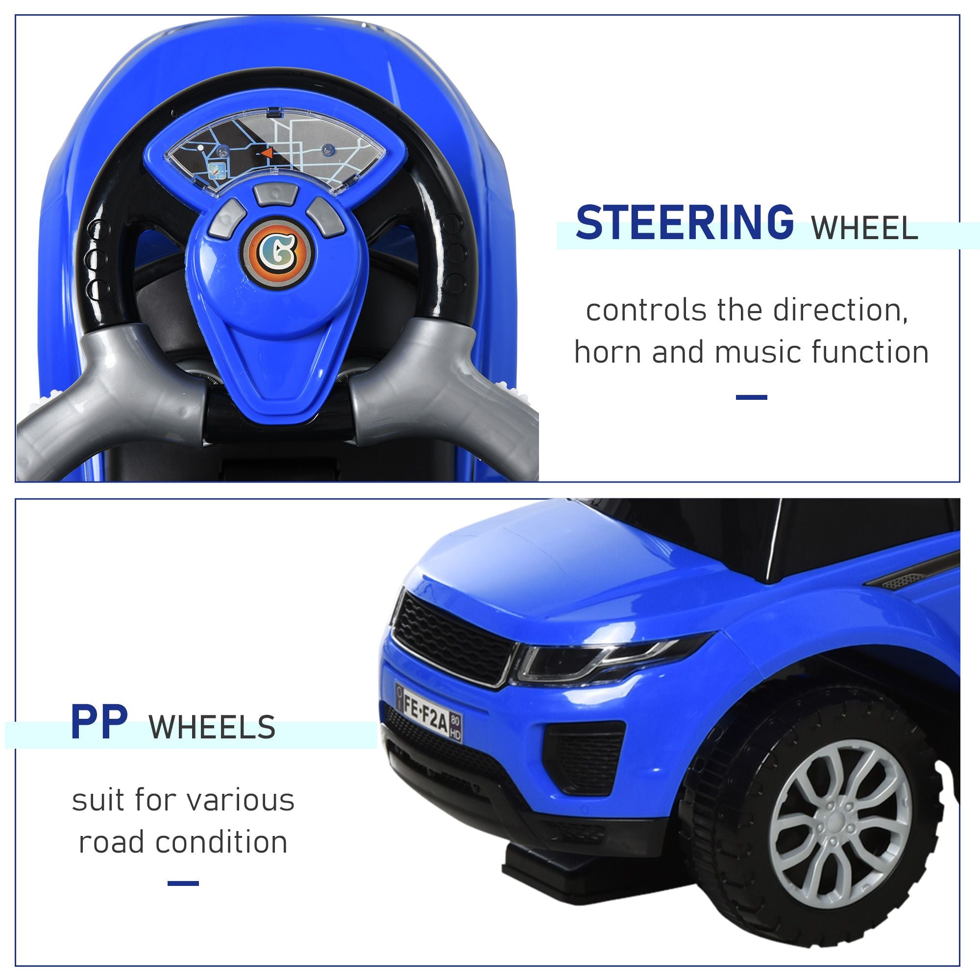 Deluxe Blue 3-in-1 Push Car for Toddlers - Horn, Music, and Light Features