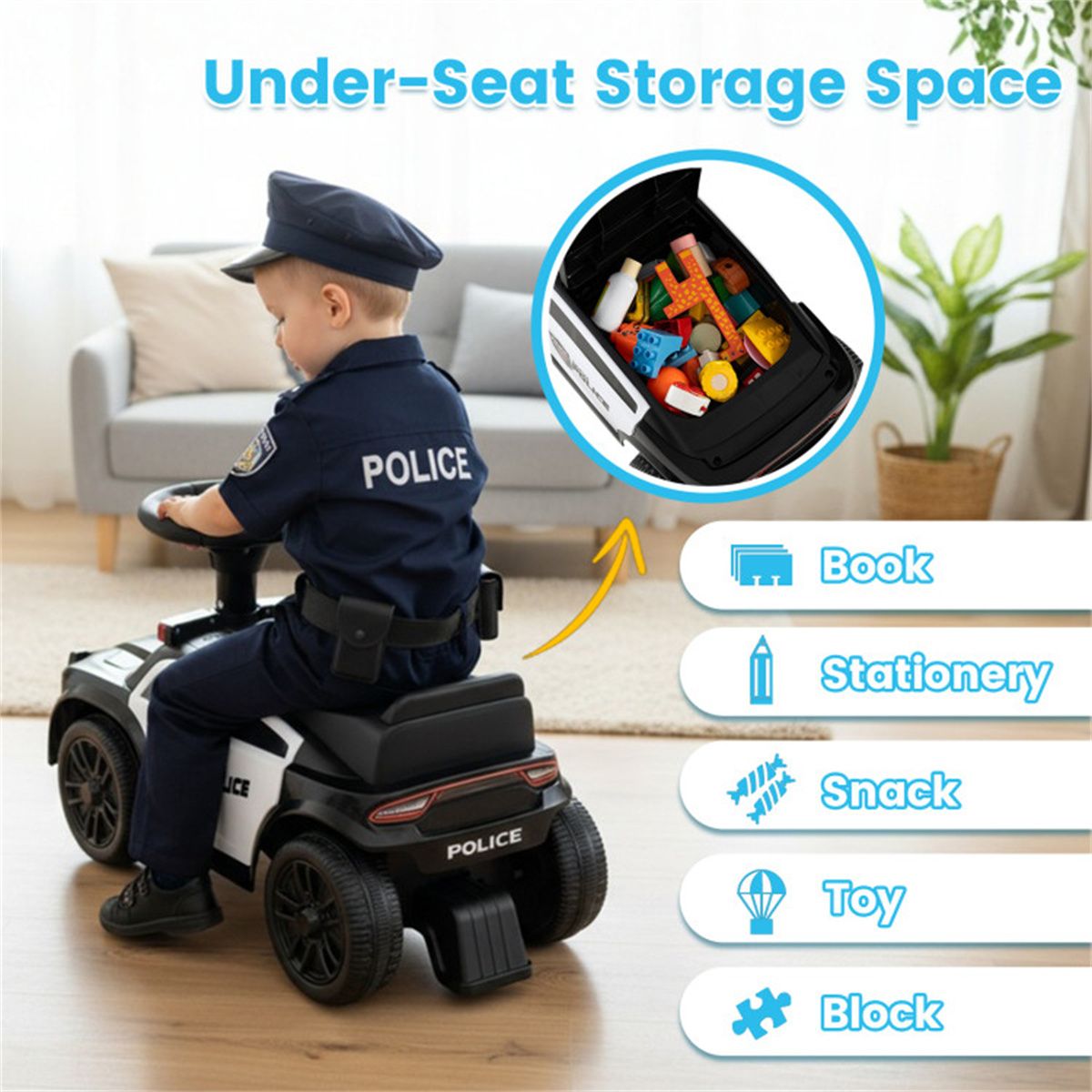 Kids Police Push Car with Flashing Lights & Siren, Perfect Gift for Little Officers 18 Months+