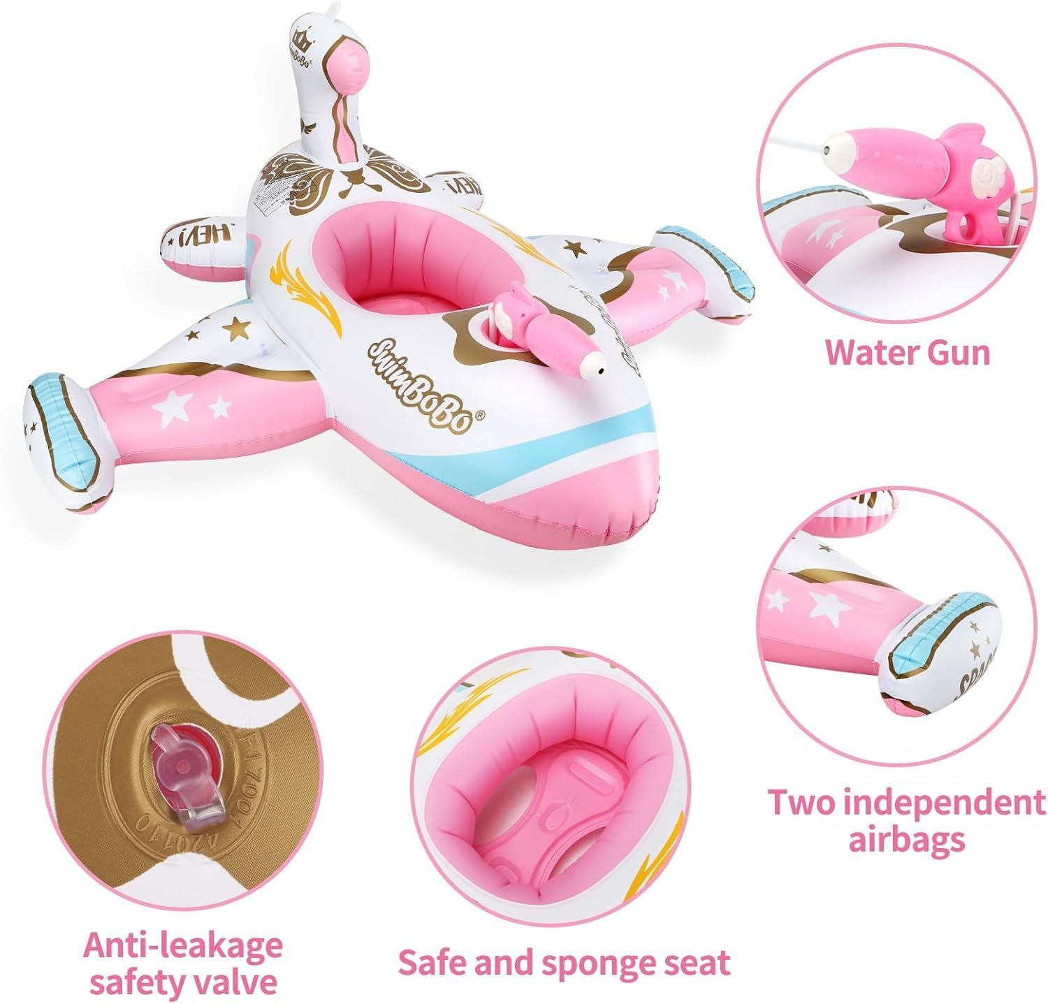 Toddler Pool Float with Seat Boat Inflatable Ride-on Airplane Pirates Sharks Car for Kids Outdoor Toys