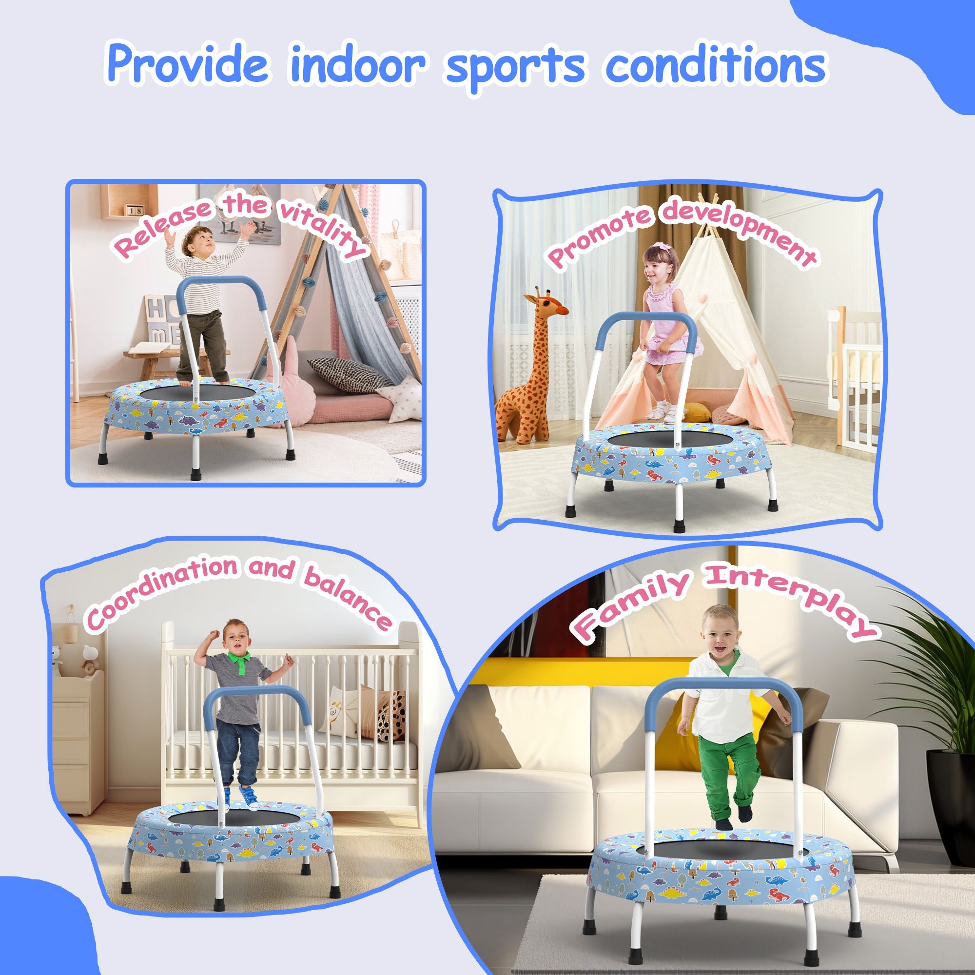 Kids Indoor Trampolines - Foldable Mini Rebounder for Ages 2-6 with Ultra Safe Padding and Comfortable Foam Grip