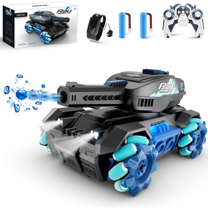 Toy tank with blue godtubes, remote control, and accessories on a white background