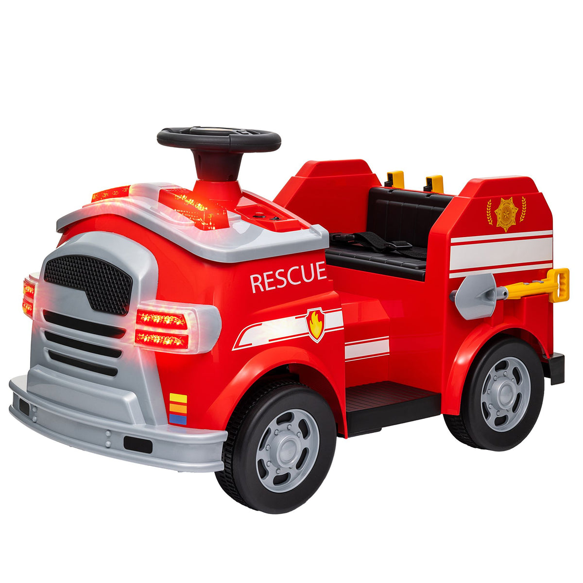 Red 12V ride-on fire truck with black seat and emergency lights