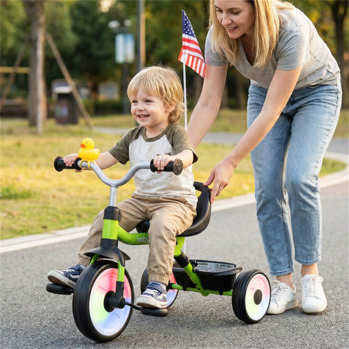 Toddler Tricycle with Rainbow LED Wheels, Foldable 3-in-1 Balance Bike with Carbon Steel Frame, Removable Pedals & Rear Storage Basket - Green