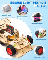 Wooden RC car component guide showing motor, receiver, micro servo, steering linkage and wheels