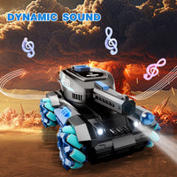 Toy tank with dynamic sound effects against a fiery background